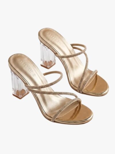 STELLAH Women’s Champagne Gold Rhinestone Strappy Block Heel Sandals