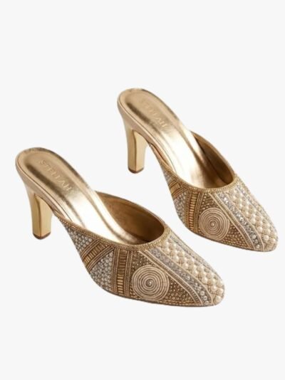 STELLAH Women’s Gold Ethnic Embellished Block Heel Mules for Women